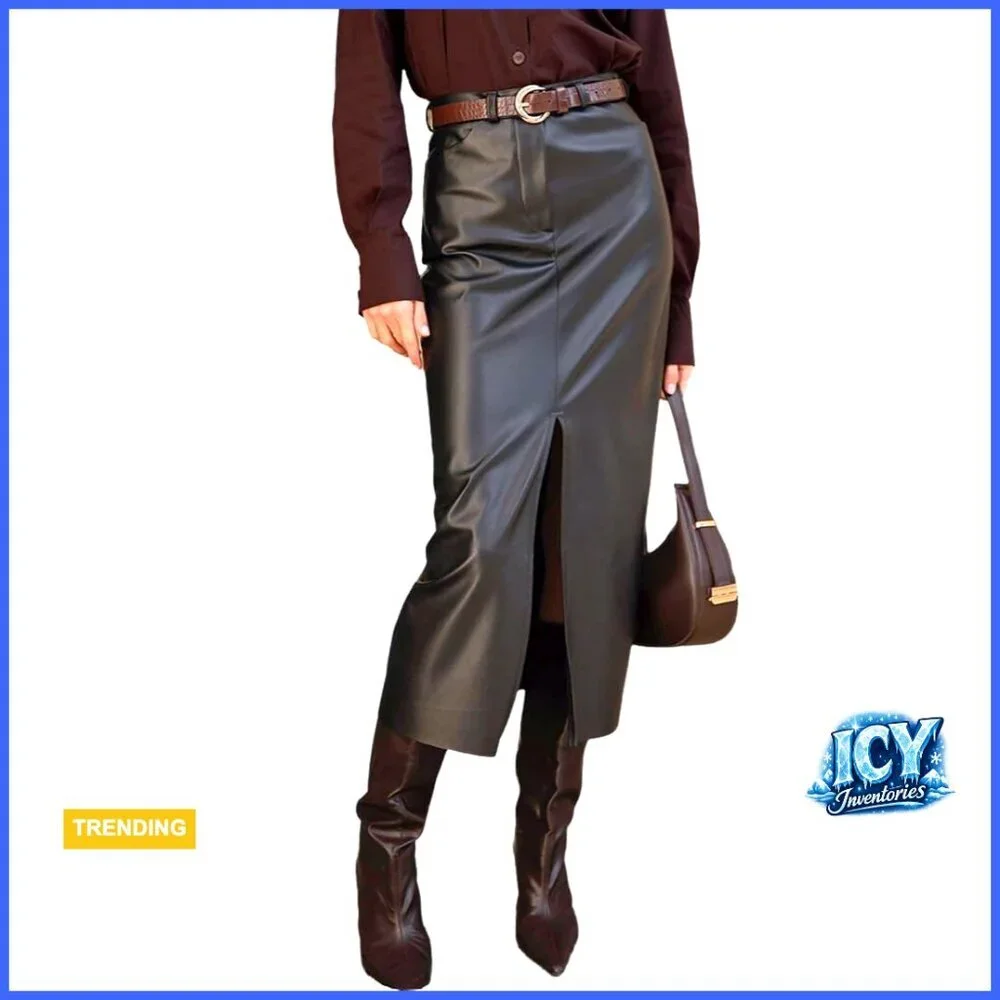 Faux Leather Pencil Skirt High Waist Split Maxi Slim Fit Midi Length